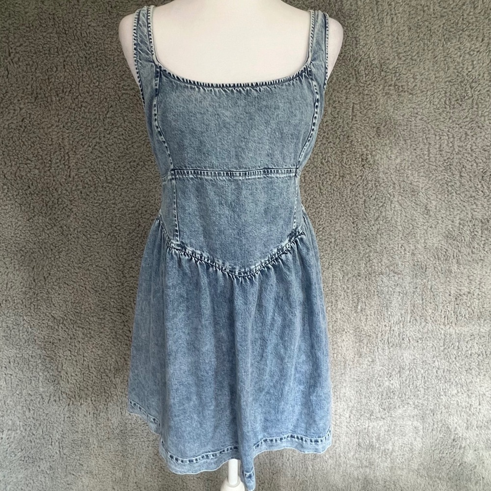 American Eagle Denim Corset Mini Dress Basque Waist Acid Wash 100% Cotton L